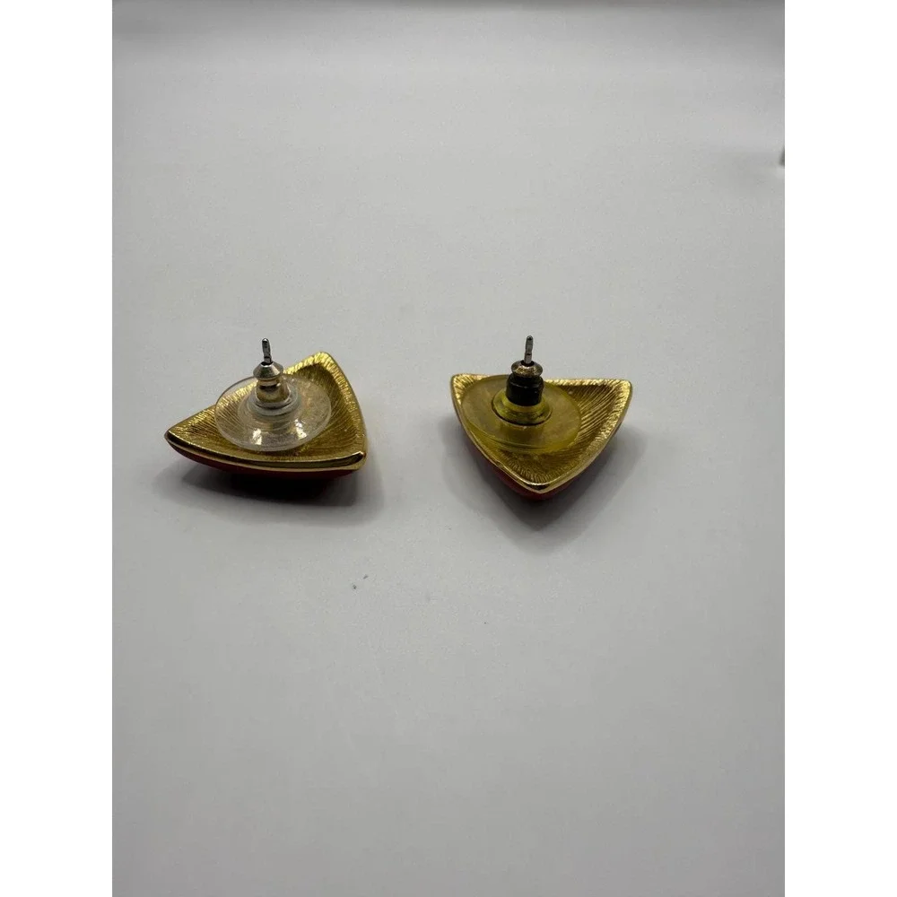 Vintage‎ Monet Red Enamel Triangle Stud Earrings Gold Tone Signed
